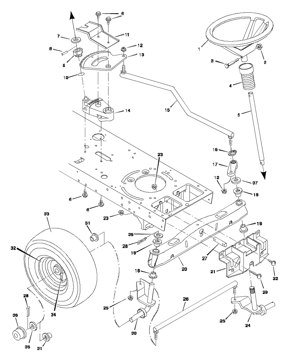 Steering Diagram and Parts List for 46379A 1997 Briggs and Stratton Lawn Tractor